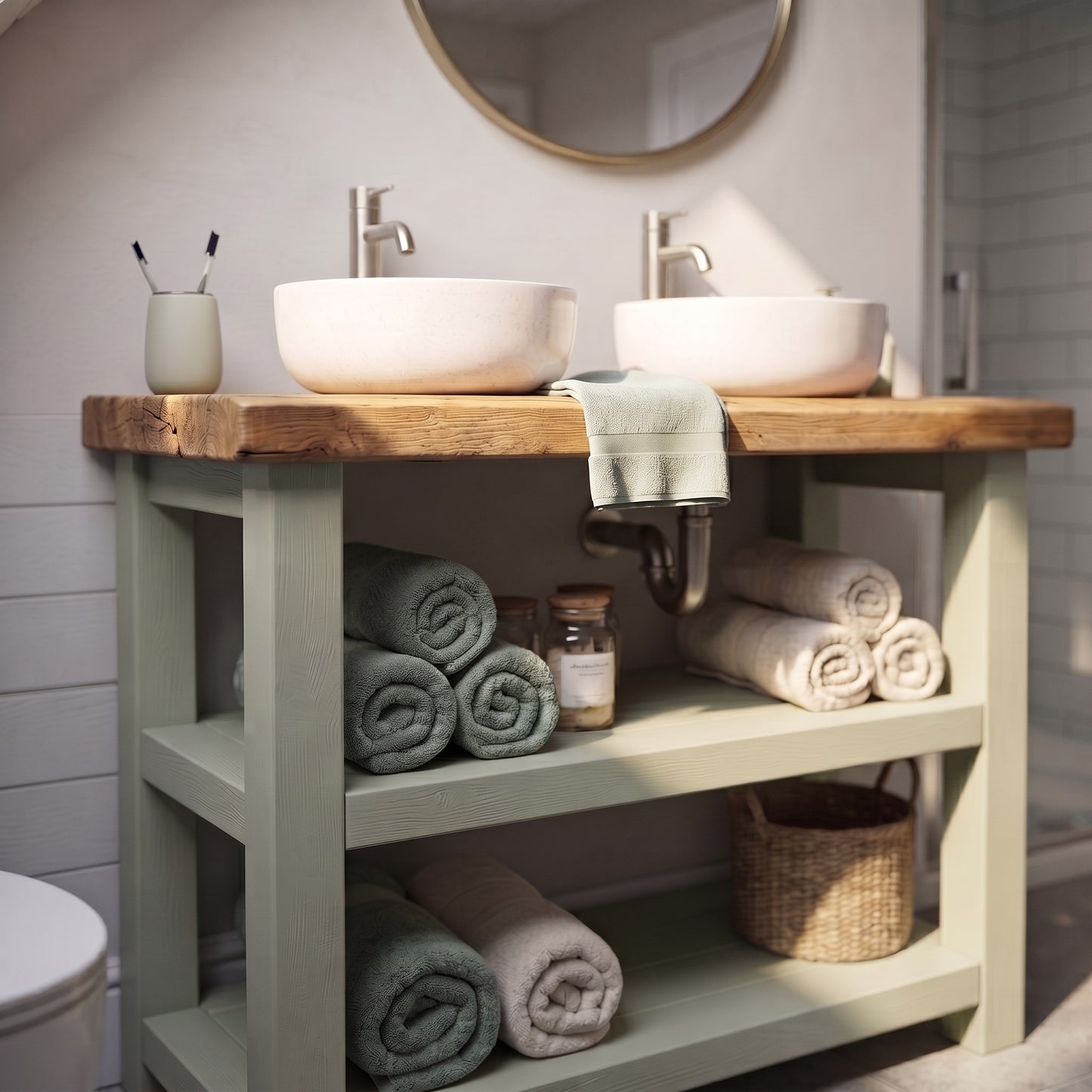 BRAMLEY Sage Green Solid Wood Bathroom Vanity With Shelf