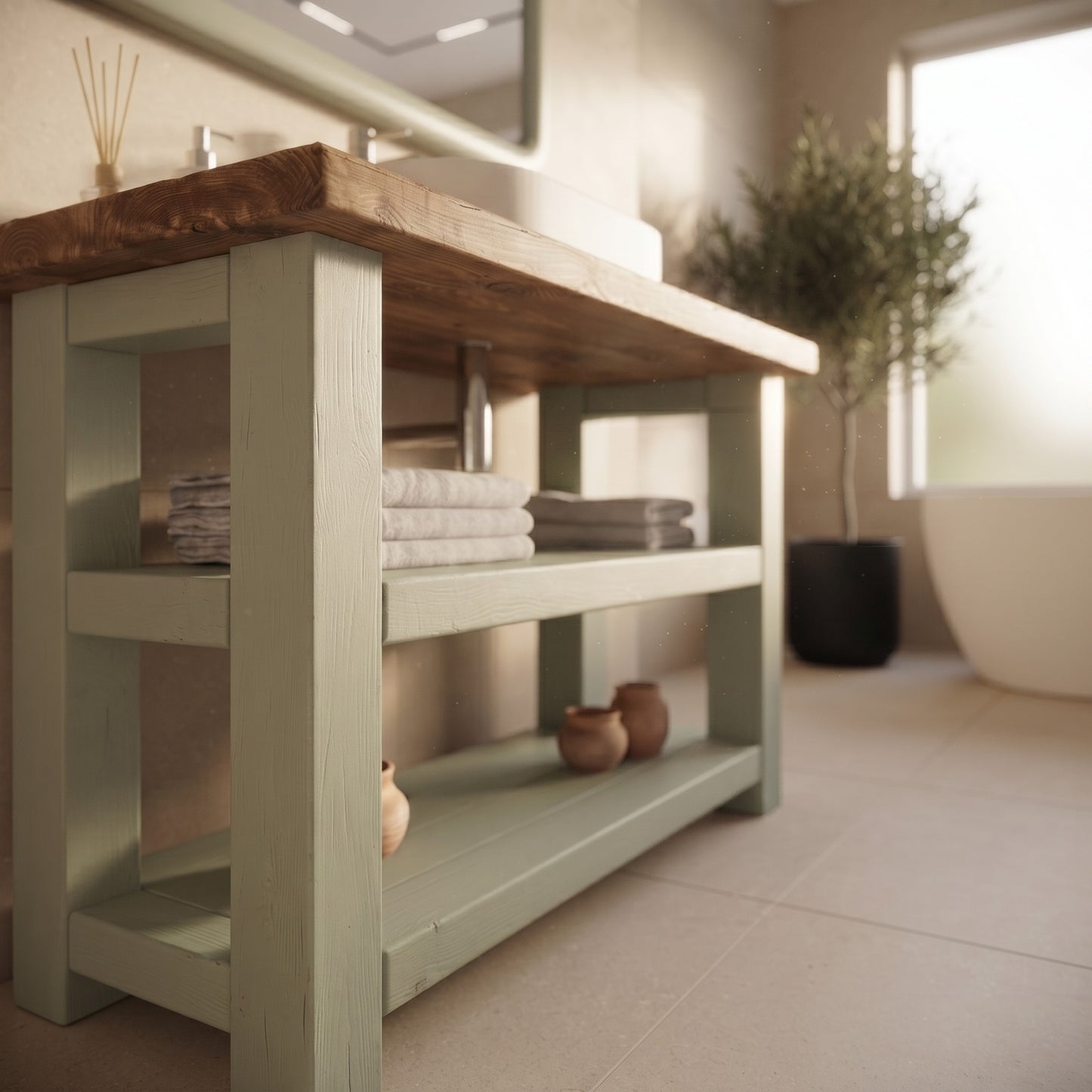 BRAMLEY Sage Green Solid Wood Bathroom Vanity With Shelf