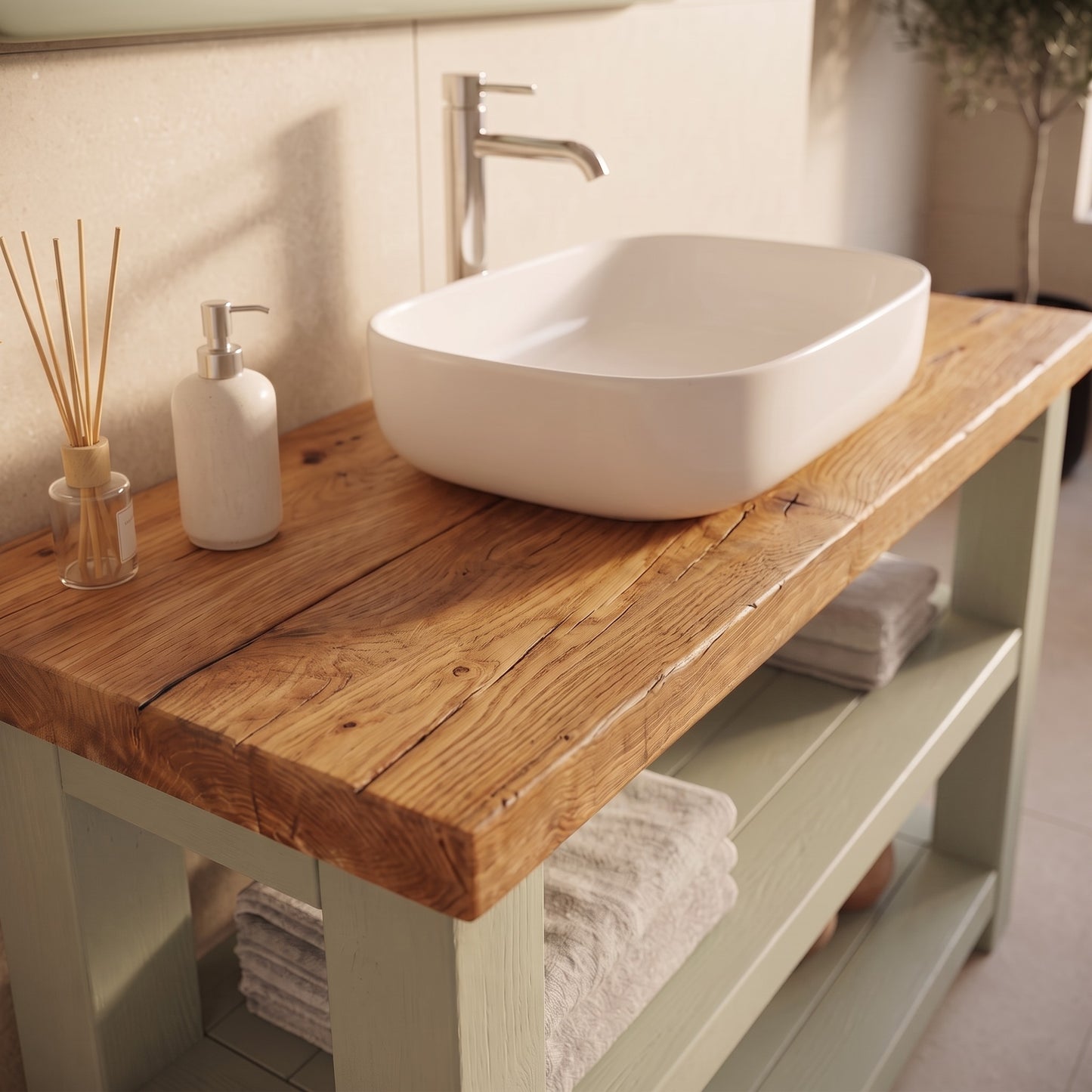 BRAMLEY Sage Green Solid Wood Bathroom Vanity With Shelf
