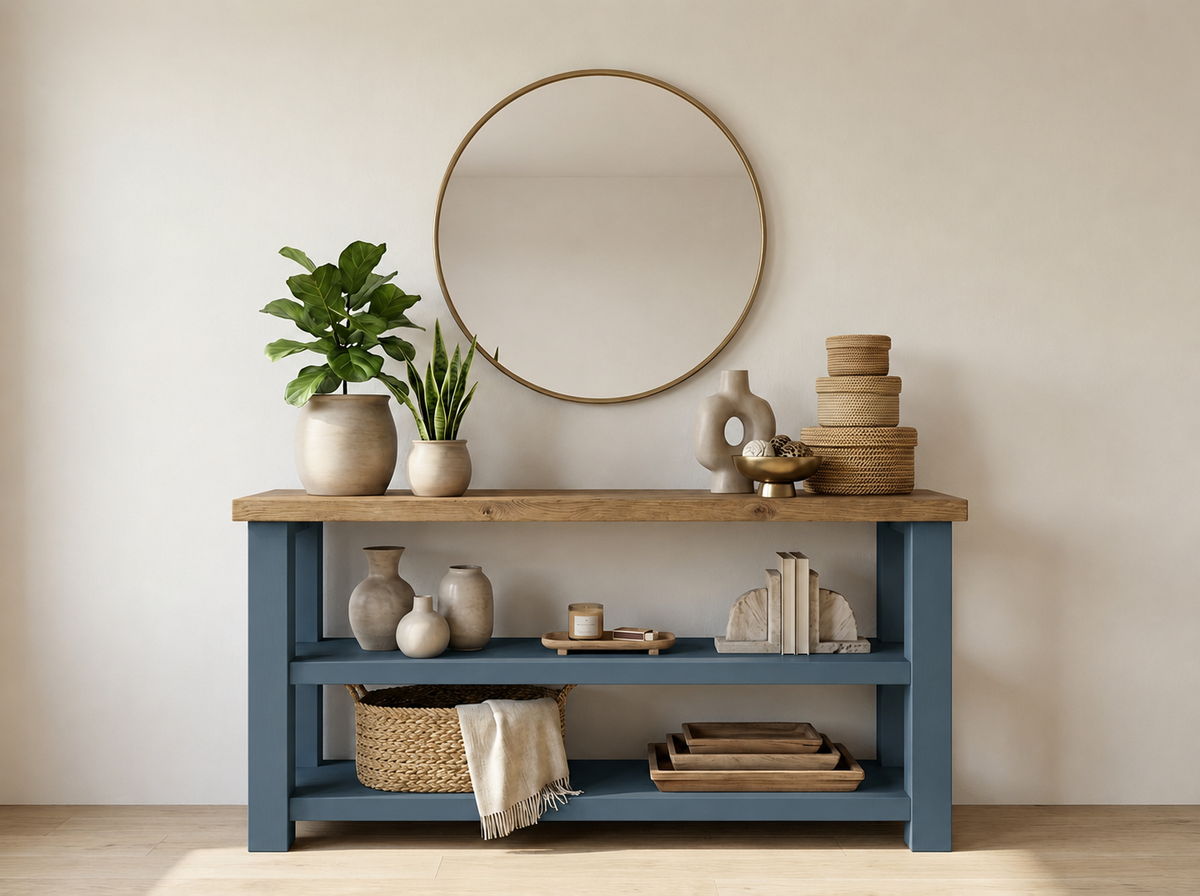 BRAMLEY Blue Console Table / Side Table With Shelf Solid Wood