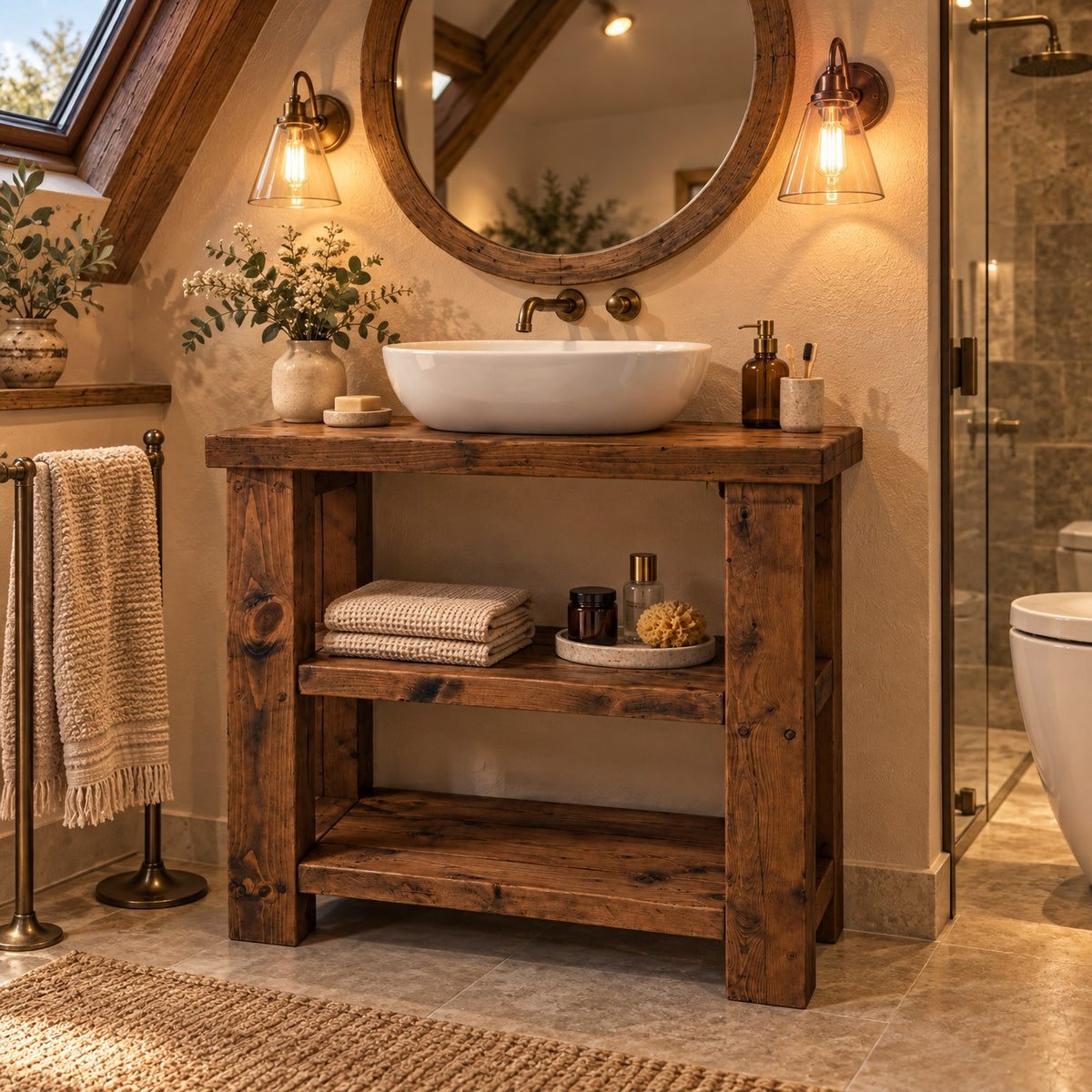 BRAMLEY Walnut Colour Solid Wood Bathroom Vanity With Shelf