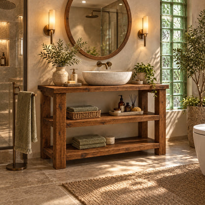 BRAMLEY Walnut Colour Solid Wood Bathroom Vanity With Shelf