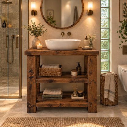 BRAMLEY Walnut Colour Solid Wood Bathroom Vanity With Shelf