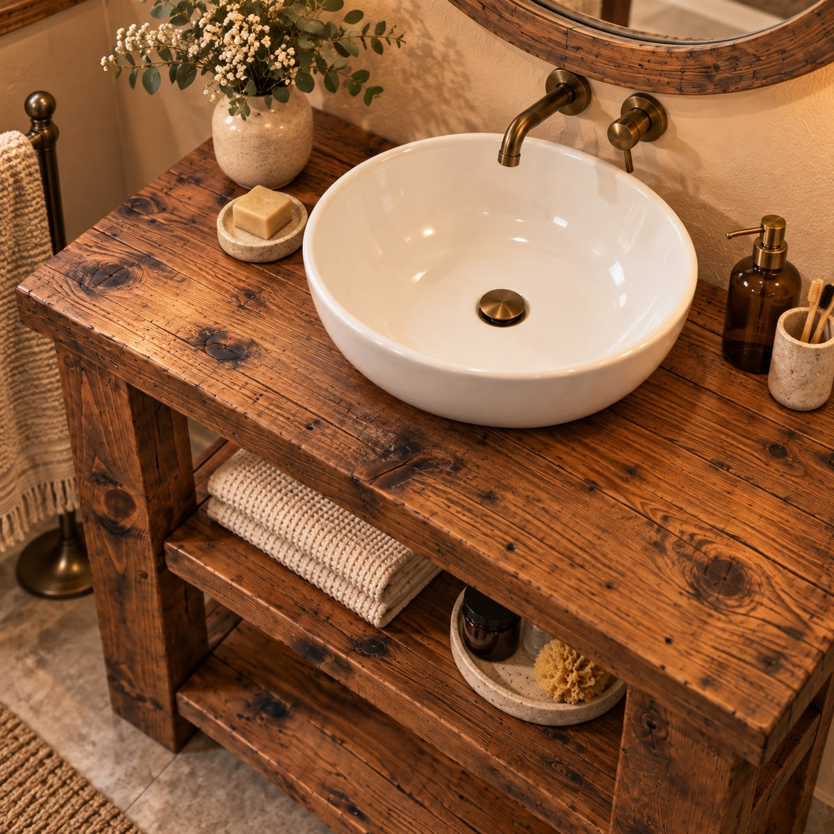 BRAMLEY Walnut Colour Solid Wood Bathroom Vanity With Shelf