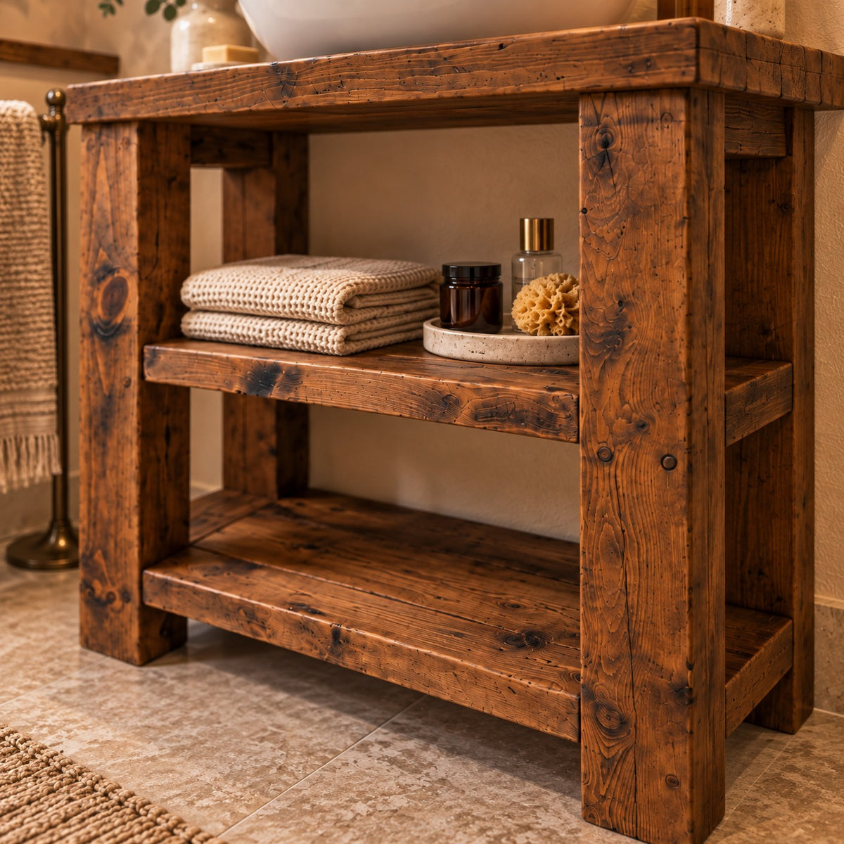 BRAMLEY Walnut Colour Solid Wood Bathroom Vanity With Shelf