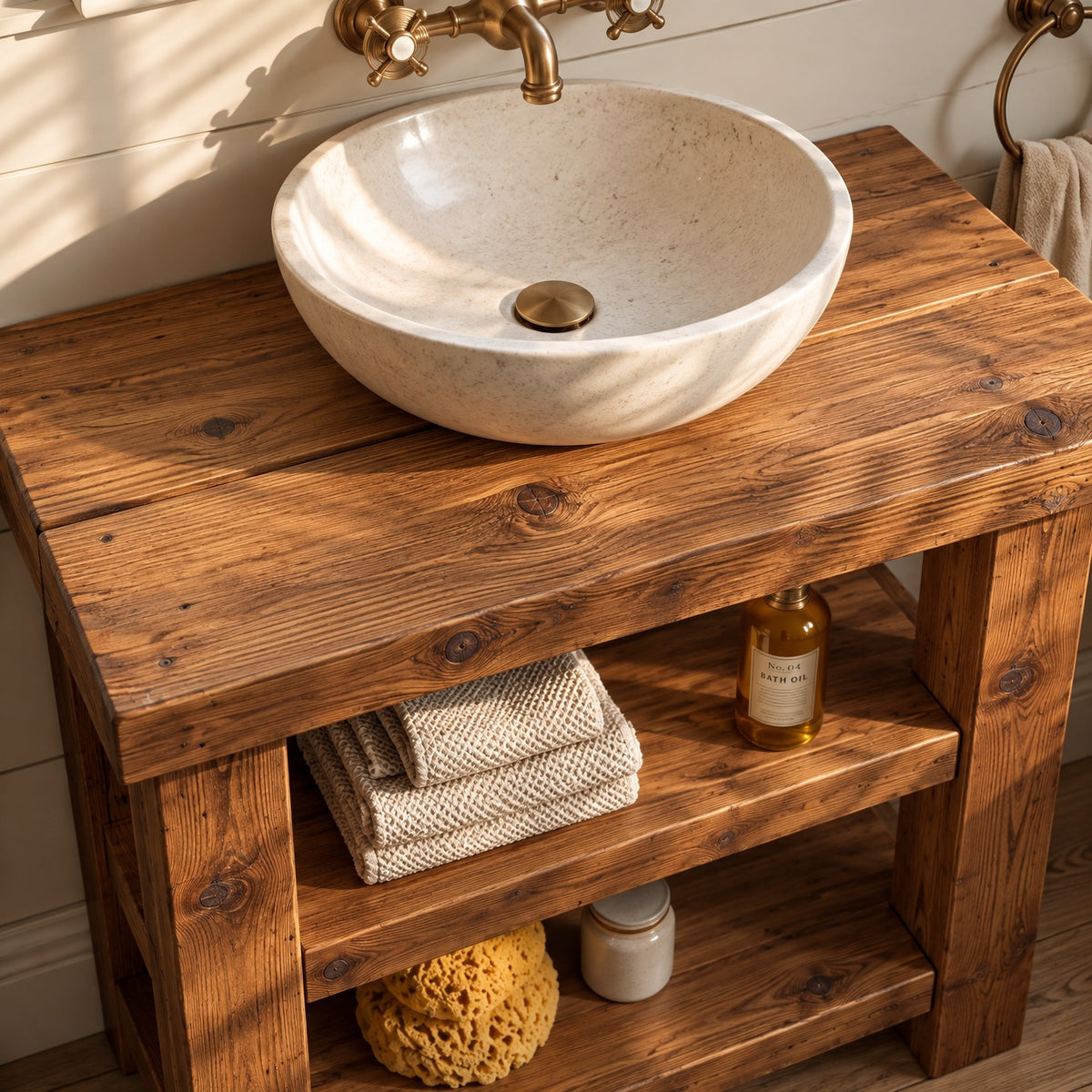 BRAMLEY Walnut Colour Solid Wood Bathroom Vanity With Shelf