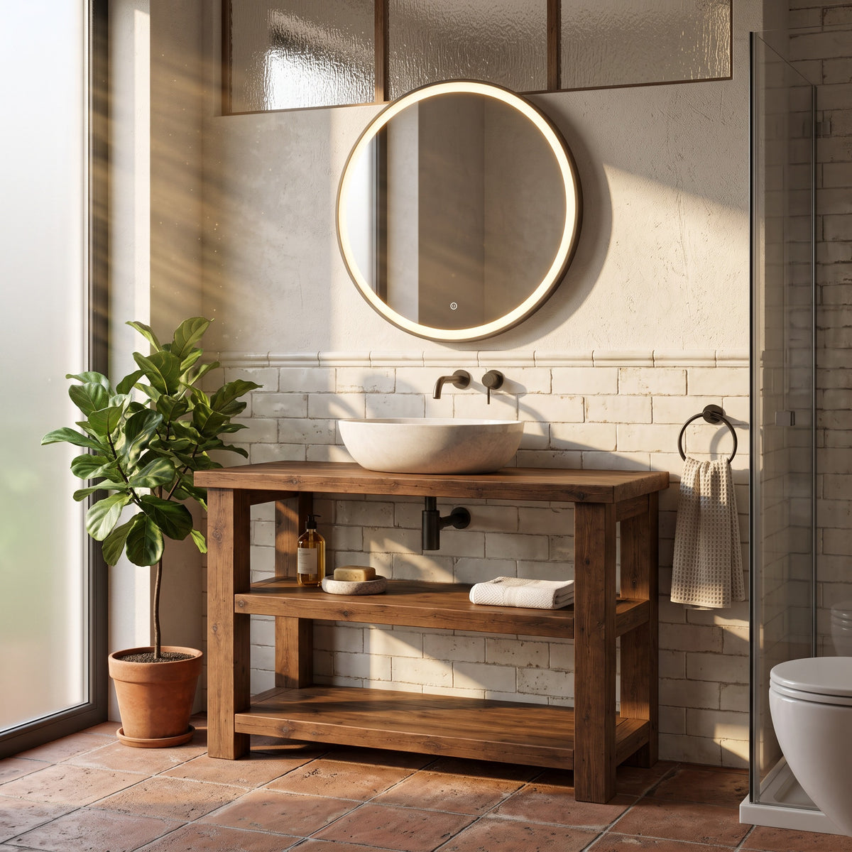 BRAMLEY Walnut Colour Solid Wood Bathroom Vanity With Shelf