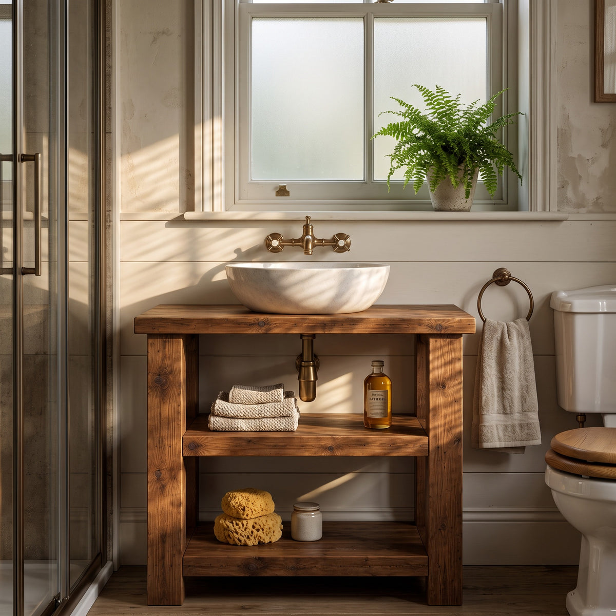 BRAMLEY Walnut Colour Solid Wood Bathroom Vanity With Shelf