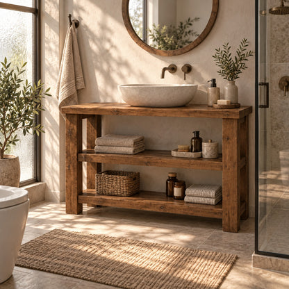 BRAMLEY Walnut Colour Solid Wood Bathroom Vanity With Shelf