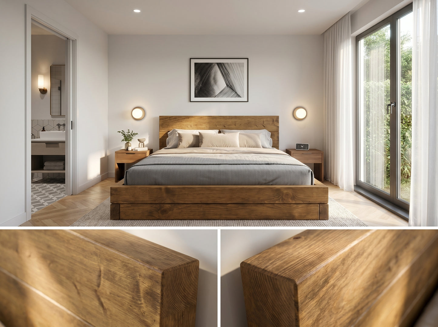 Brenton Floor Bed Frame 20cm High  / Chunky Solid Rustic Pine Bed with Headboard