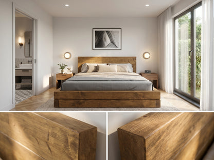 Brenton Floor Bed Frame 20cm High  / Chunky Solid Rustic Pine Bed with Headboard
