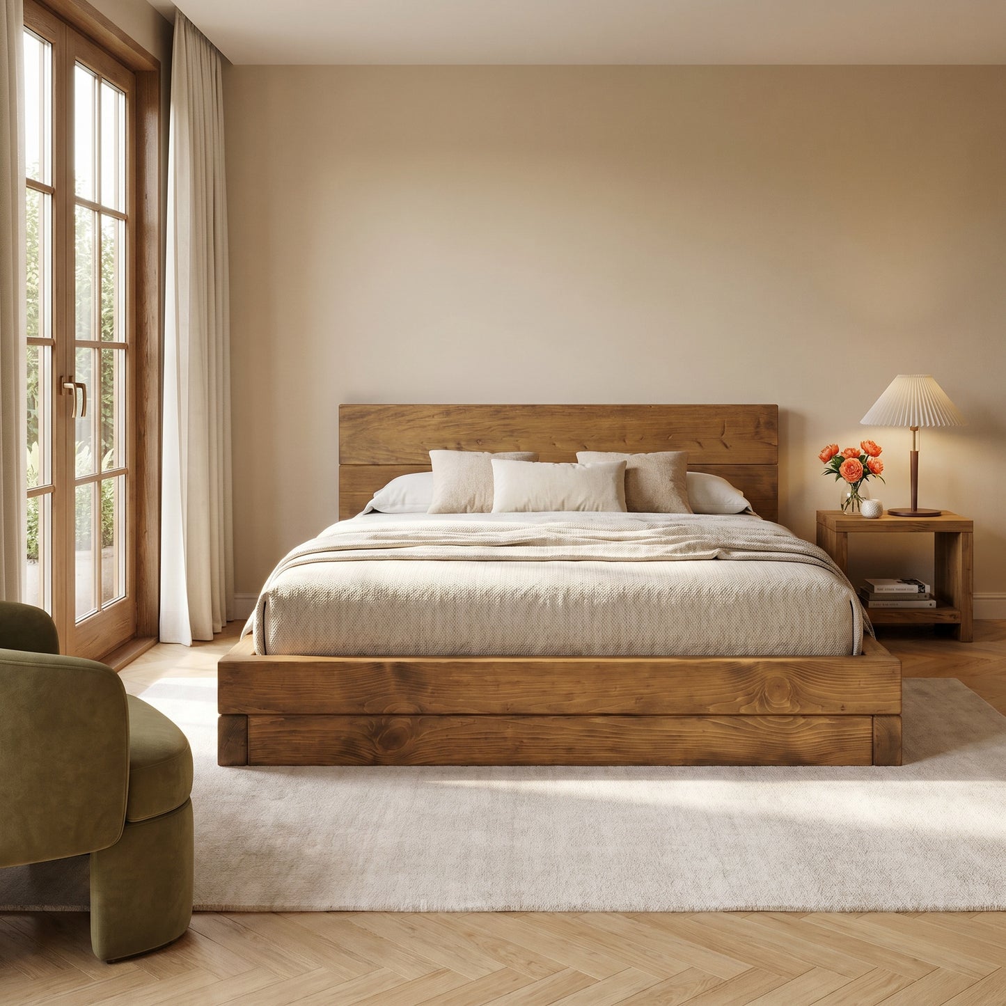 Brenton Floor Bed Frame 20cm High  / Chunky Solid Rustic Pine Bed with Headboard