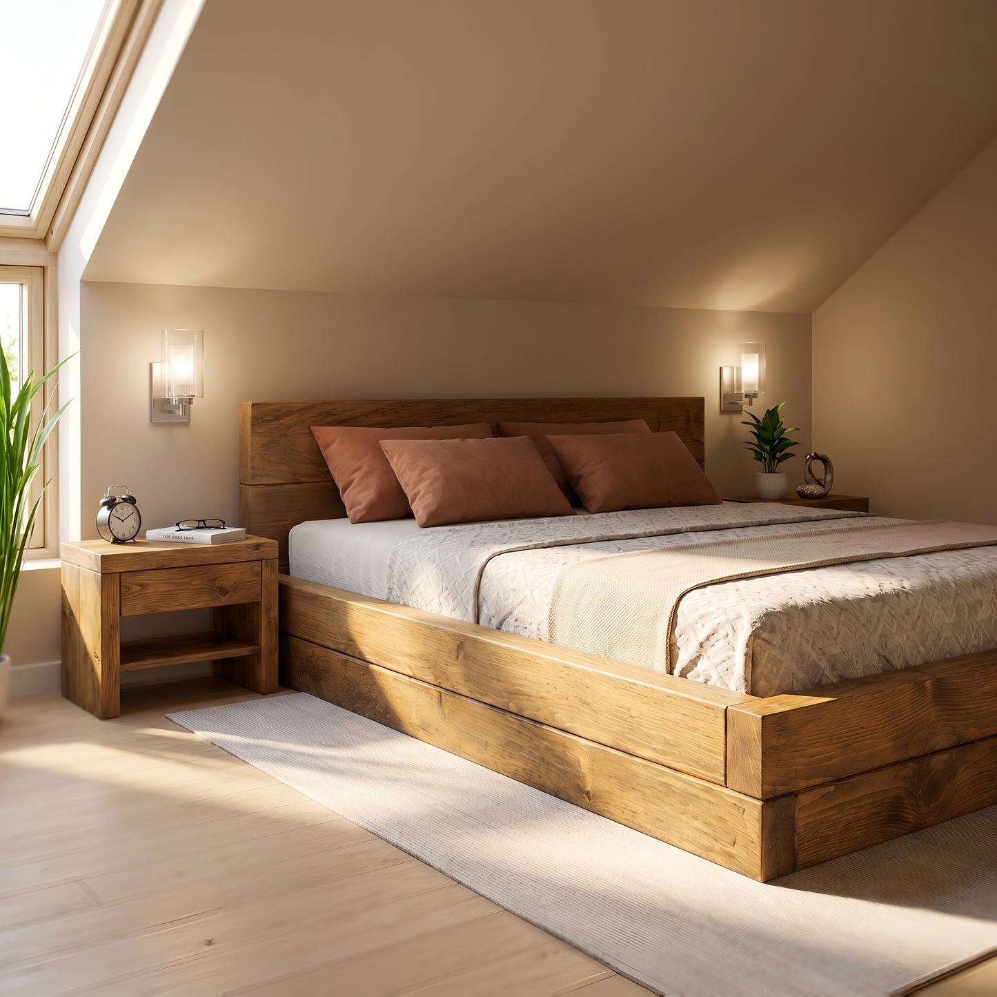 Brenton Floor Bed Frame 20cm High  / Chunky Solid Rustic Pine Bed with Headboard