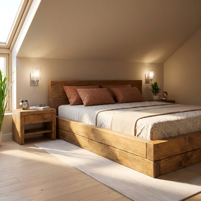 Brenton Floor Bed Frame 20cm High  / Chunky Solid Rustic Pine Bed with Headboard