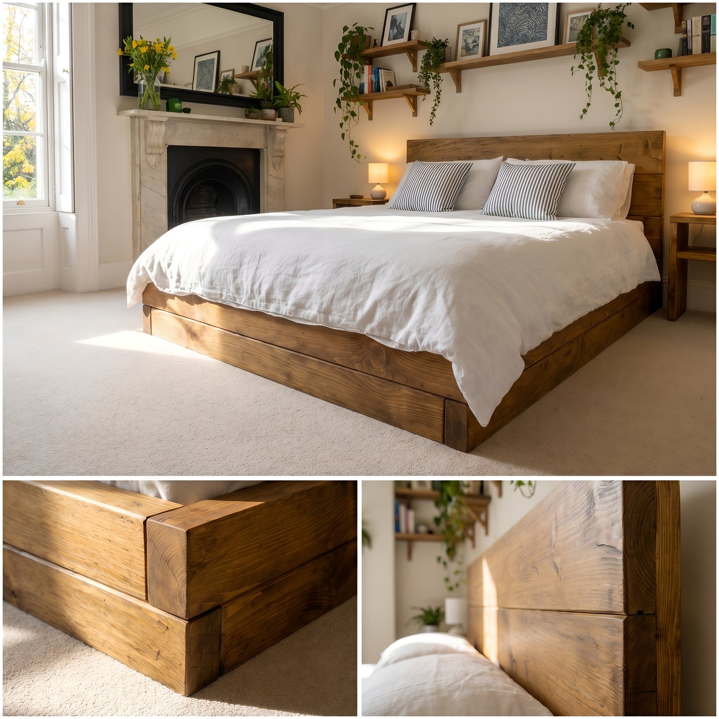 Brenton Floor Bed Frame 20cm High  / Chunky Solid Rustic Pine Bed with Headboard