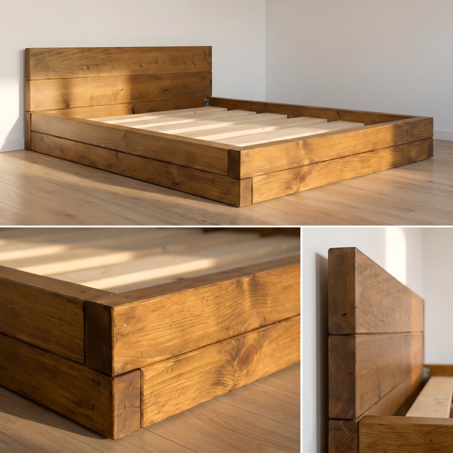 Brenton Floor Bed Frame 20cm High  / Chunky Solid Rustic Pine Bed with Headboard