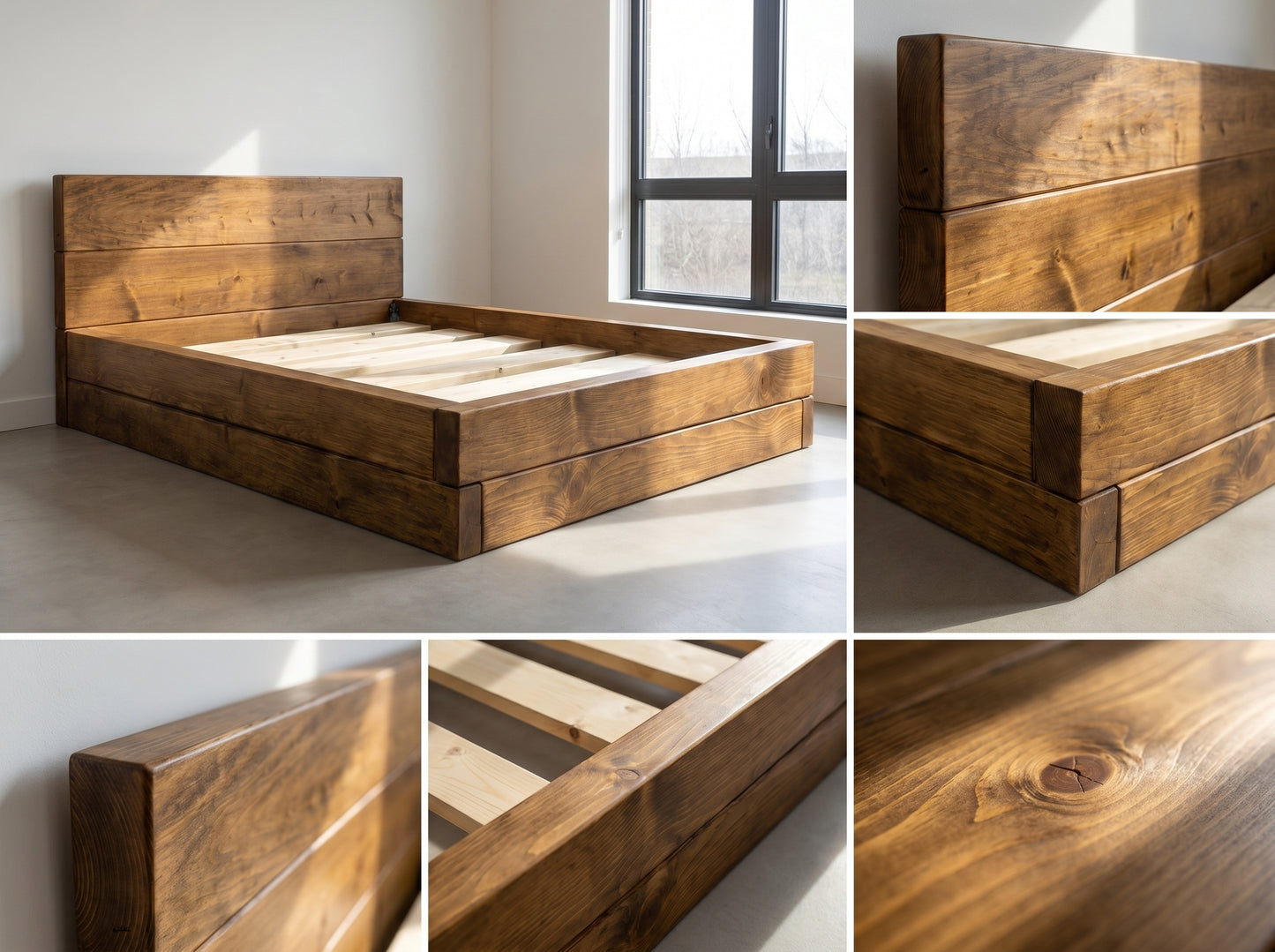 Brenton Floor Bed Frame 20cm High  / Chunky Solid Rustic Pine Bed with Headboard
