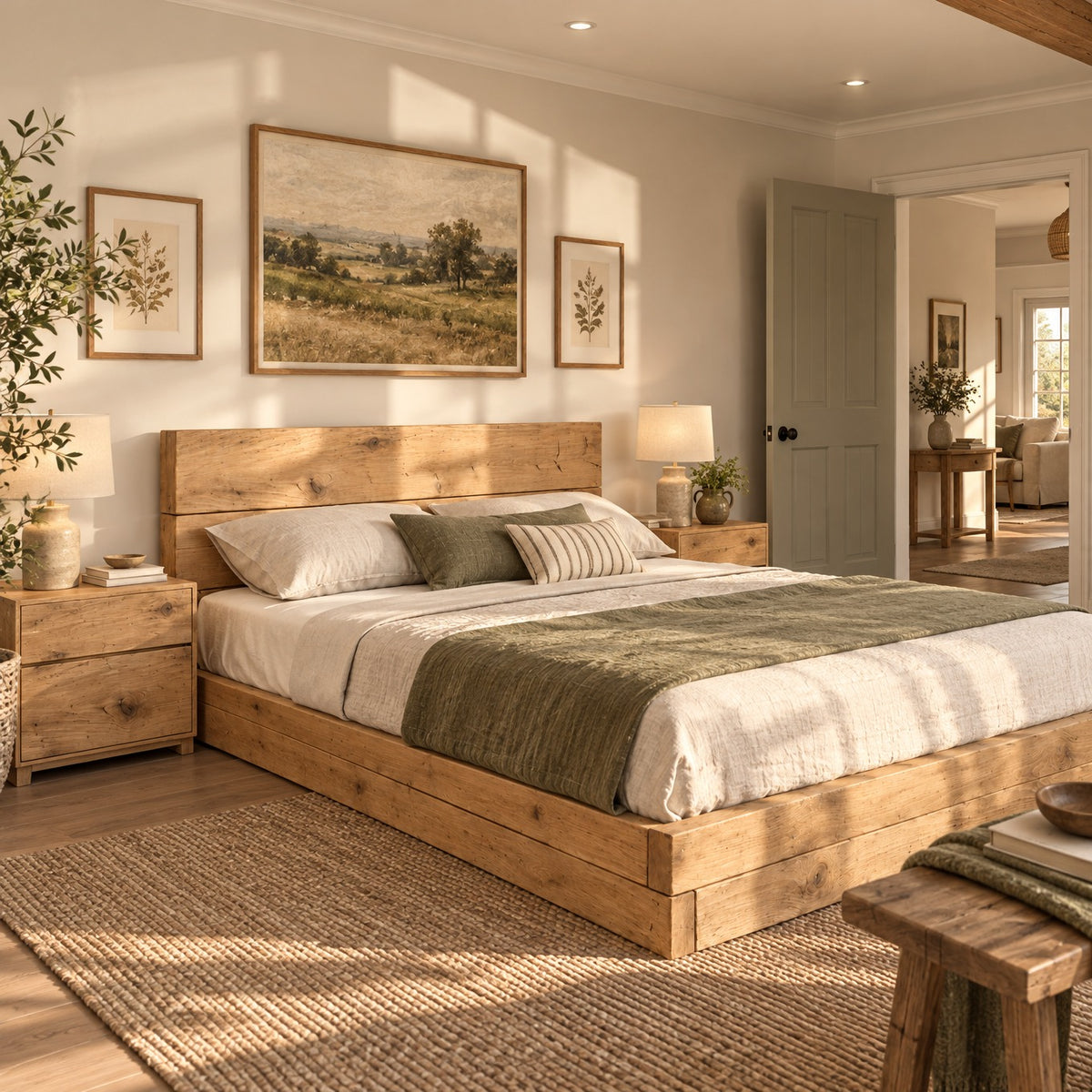 Brenton Light Oak Colour Floor Bed Frame 20cm High  / Chunky Solid Rustic Pine Bed with Headboard