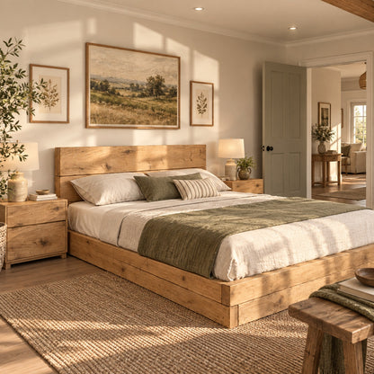 Brenton Light Oak Colour Floor Bed Frame 20cm High  / Chunky Solid Rustic Pine Bed with Headboard