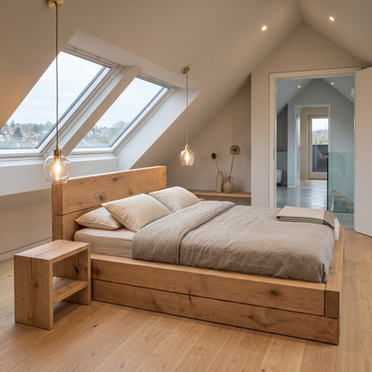 Brenton Light Oak Colour Floor Bed Frame 20cm High  / Chunky Solid Rustic Pine Bed with Headboard