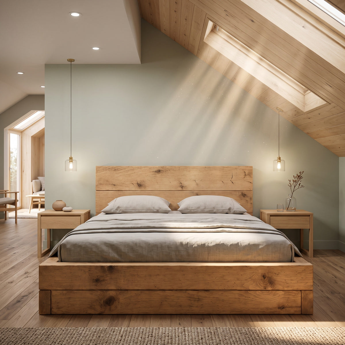Brenton Light Oak Colour Floor Bed Frame 20cm High  / Chunky Solid Rustic Pine Bed with Headboard