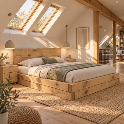 Brenton Light Oak Colour Floor Bed Frame 20cm High  / Chunky Solid Rustic Pine Bed with Headboard