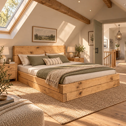 Brenton Light Oak Colour Floor Bed Frame 20cm High  / Chunky Solid Rustic Pine Bed with Headboard
