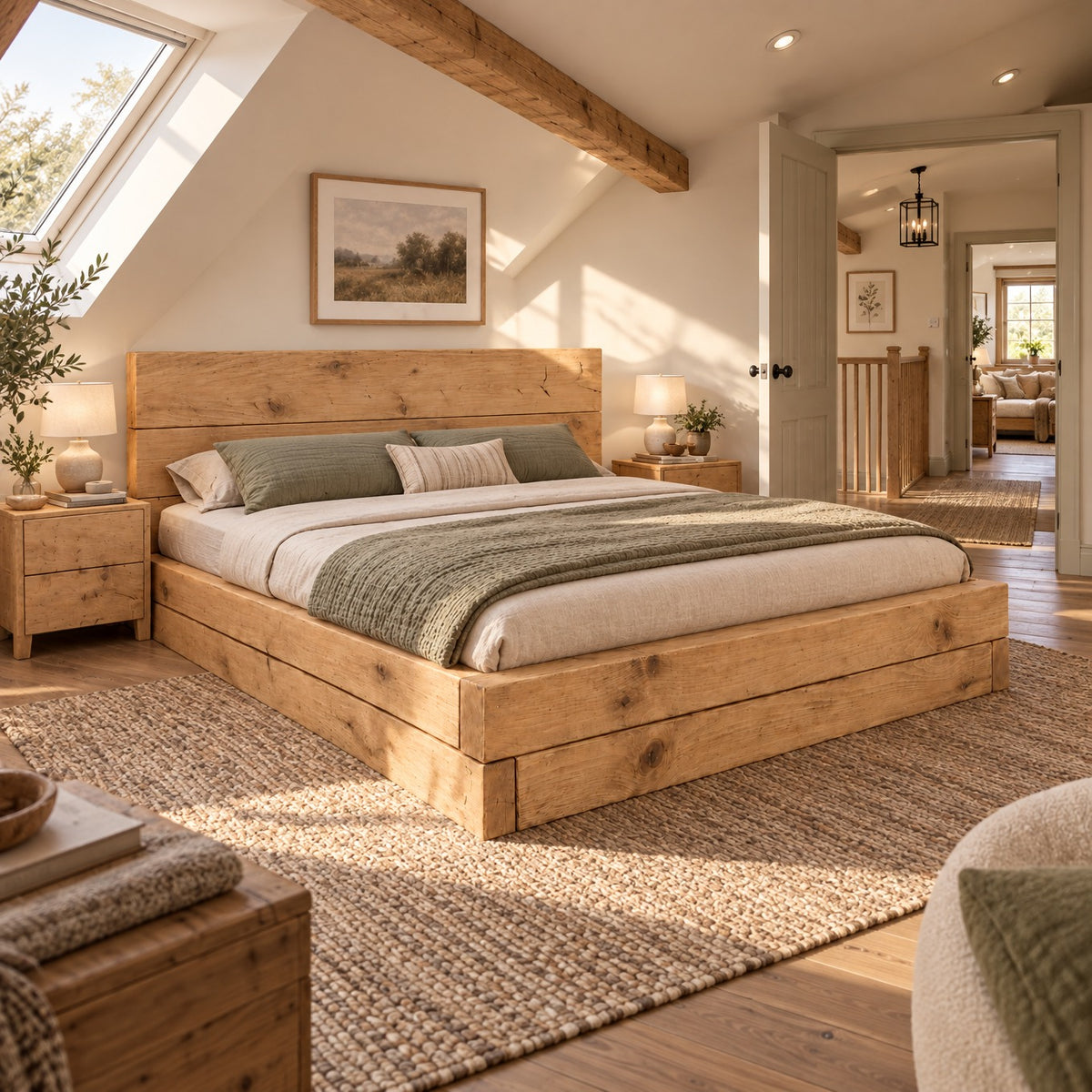 Brenton Light Oak Colour Floor Bed Frame 20cm High  / Chunky Solid Rustic Pine Bed with Headboard