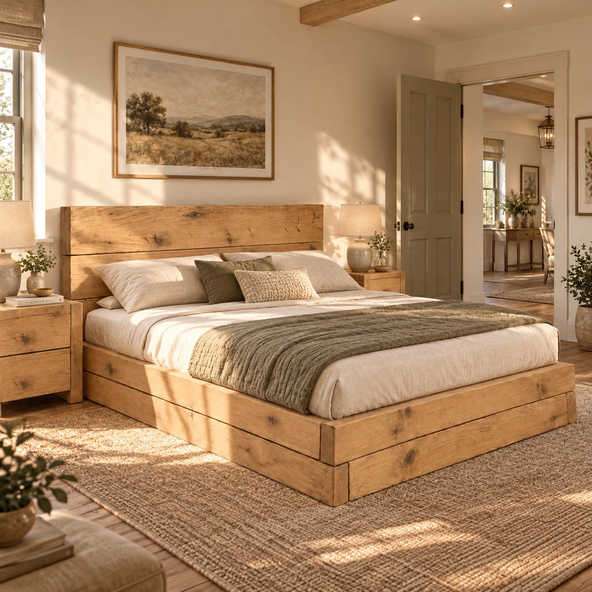 Brenton Light Oak Colour Floor Bed Frame 20cm High  / Chunky Solid Rustic Pine Bed with Headboard