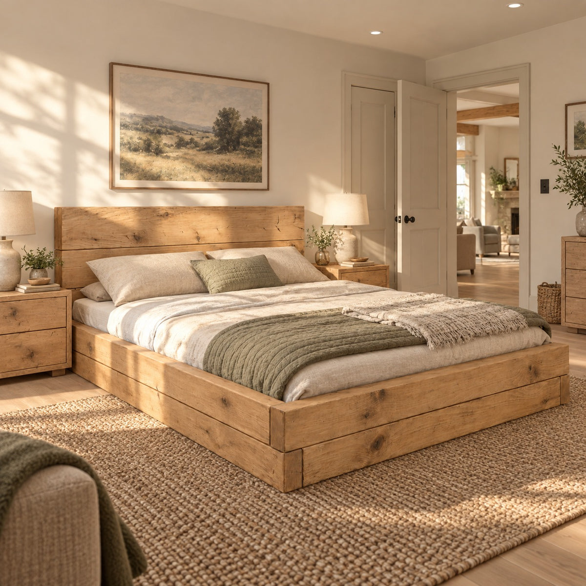 Brenton Light Oak Colour Floor Bed Frame 20cm High  / Chunky Solid Rustic Pine Bed with Headboard