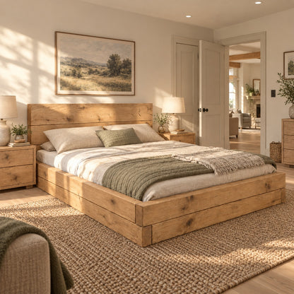 Brenton Light Oak Colour Floor Bed Frame 20cm High  / Chunky Solid Rustic Pine Bed with Headboard