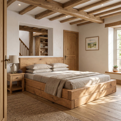 Brenton Light Oak Colour Floor Bed Frame 20cm High  / Chunky Solid Rustic Pine Bed with Headboard