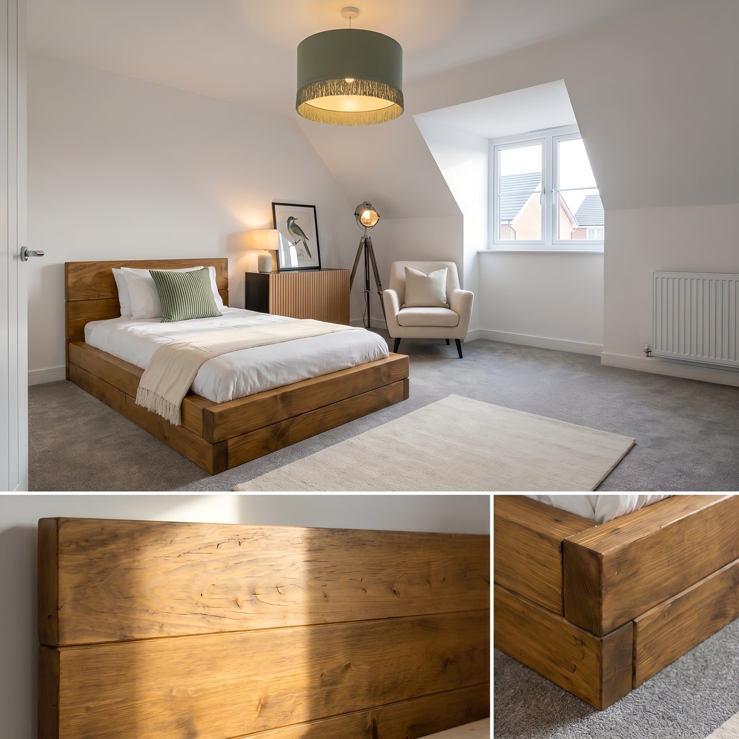 Brenton Single Floor Bed Frame 20cm High  / Chunky Solid Rustic Pine Bed with Headboard