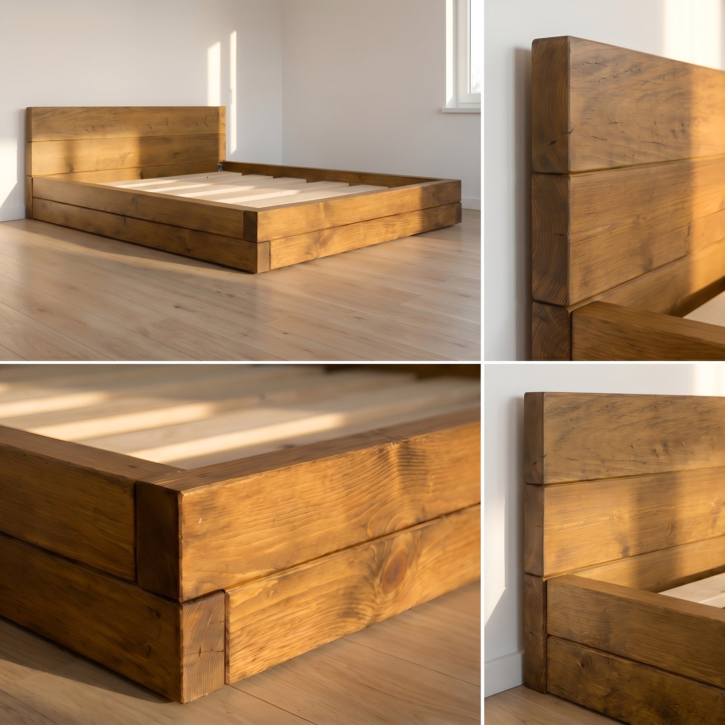 Brenton Single Floor Bed Frame 20cm High  / Chunky Solid Rustic Pine Bed with Headboard