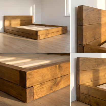 Brenton Single Floor Bed Frame 20cm High  / Chunky Solid Rustic Pine Bed with Headboard