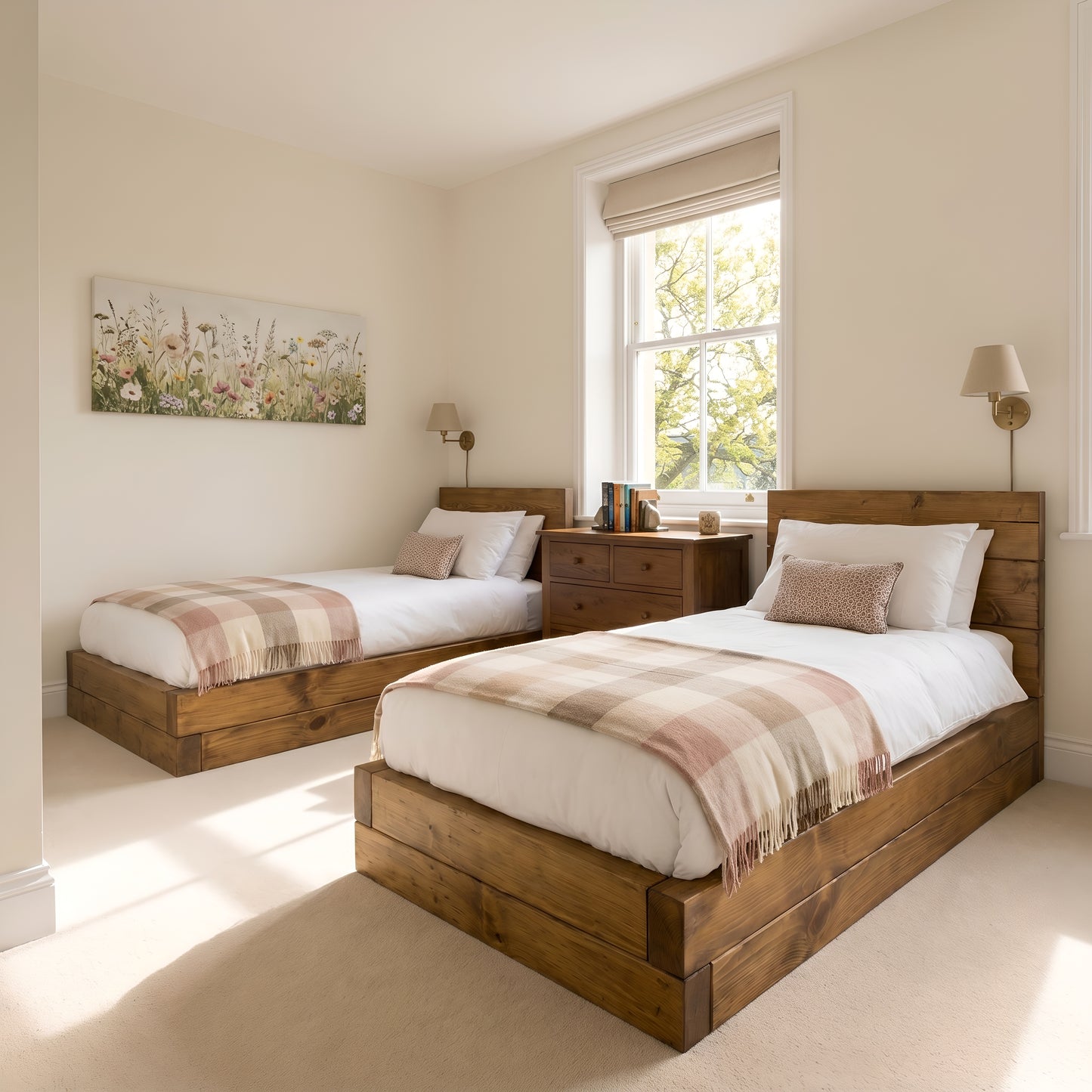 Brenton Single Floor Bed Frame 20cm High  / Chunky Solid Rustic Pine Bed with Headboard