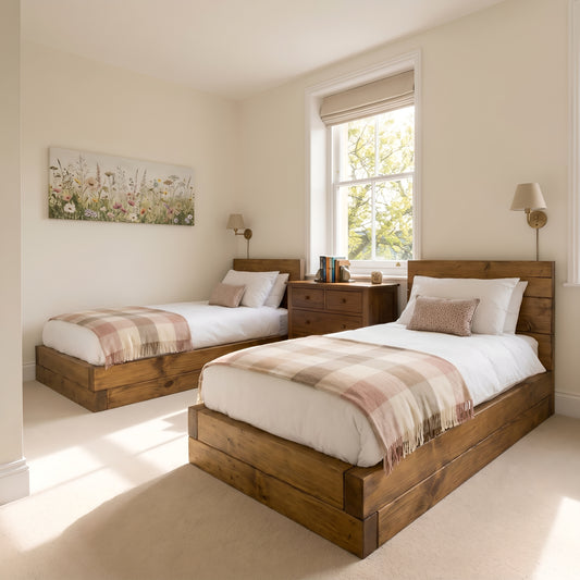 Brenton Single Floor Bed Frame 20cm High  / Chunky Solid Rustic Pine Bed with Headboard