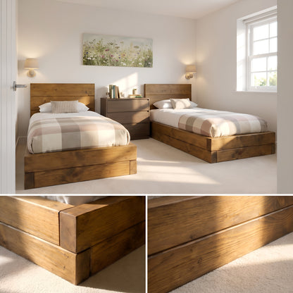 Brenton Single Floor Bed Frame 20cm High  / Chunky Solid Rustic Pine Bed with Headboard