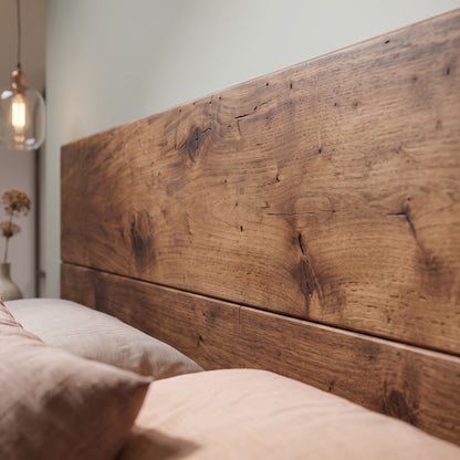 Brenton Walnut Colour Floor Bed Frame 20cm High  / Chunky Solid Rustic Pine Bed with Headboard
