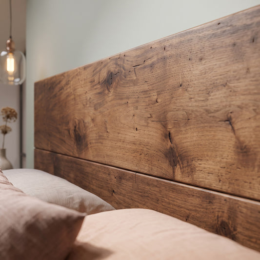 Brenton Walnut Colour Floor Bed Frame 20cm High  / Chunky Solid Rustic Pine Bed with Headboard