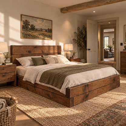 Brenton Walnut Colour Floor Bed Frame 20cm High  / Chunky Solid Rustic Pine Bed with Headboard
