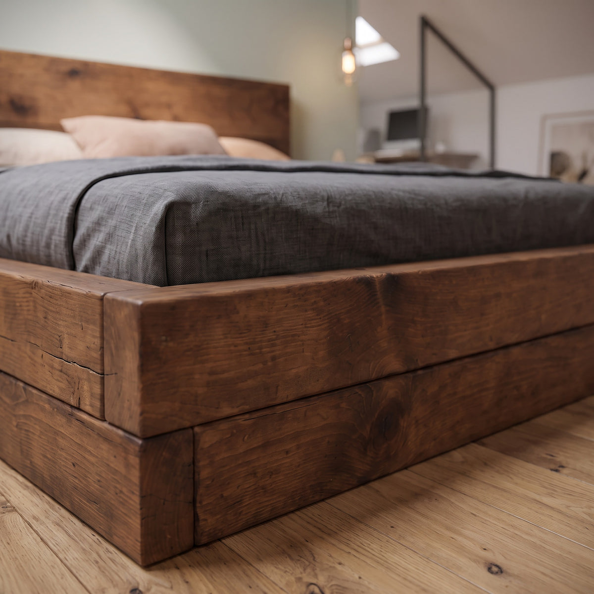 Brenton Walnut Colour Floor Bed Frame 20cm High  / Chunky Solid Rustic Pine Bed with Headboard