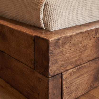 Brenton Walnut Colour Floor Bed Frame 20cm High  / Chunky Solid Rustic Pine Bed with Headboard