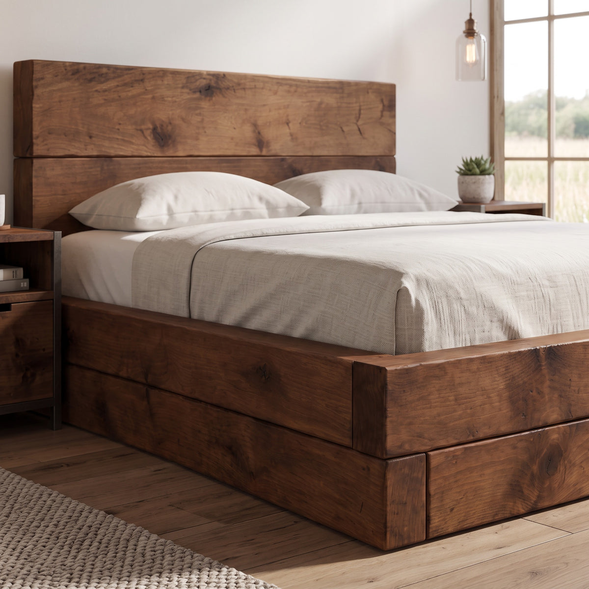 Brenton Walnut Colour Floor Bed Frame 20cm High  / Chunky Solid Rustic Pine Bed with Headboard
