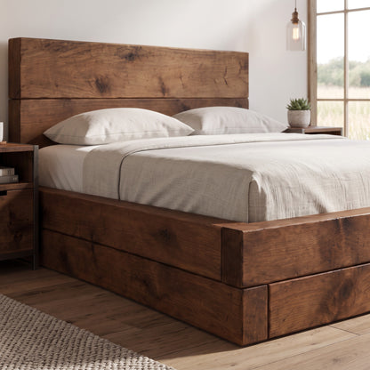 Brenton Walnut Colour Floor Bed Frame 20cm High  / Chunky Solid Rustic Pine Bed with Headboard