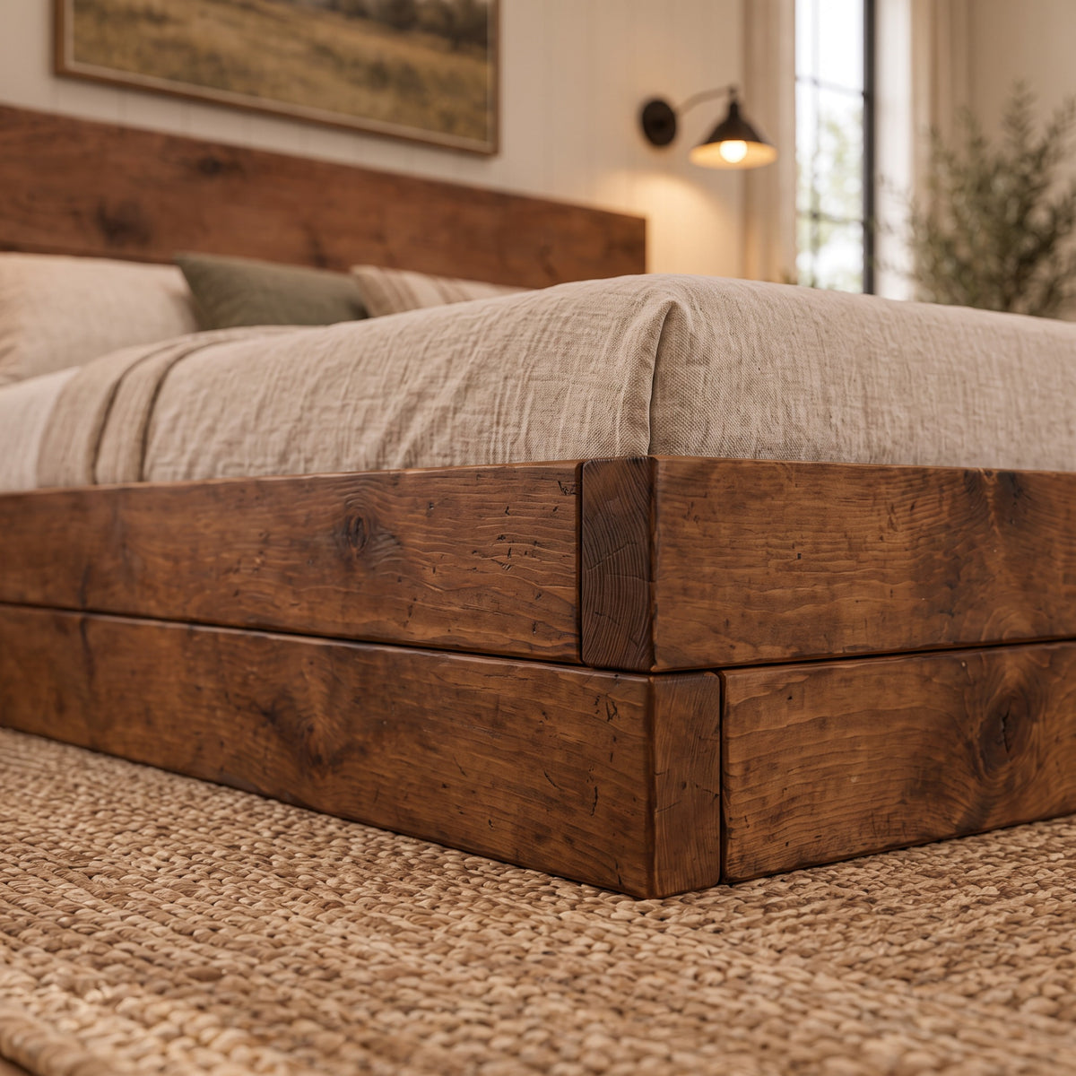 Brenton Walnut Colour Floor Bed Frame 20cm High  / Chunky Solid Rustic Pine Bed with Headboard