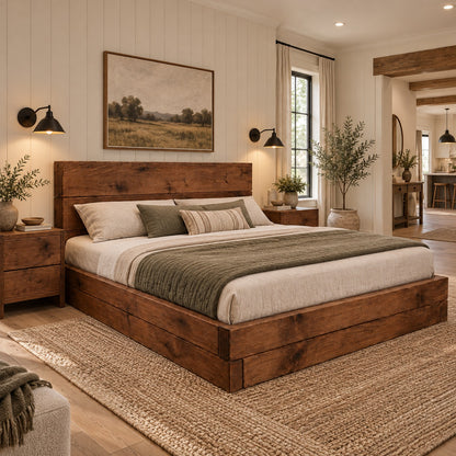 Brenton Walnut Colour Floor Bed Frame 20cm High  / Chunky Solid Rustic Pine Bed with Headboard