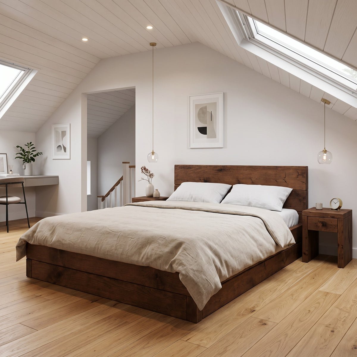 Brenton Walnut Colour Floor Bed Frame 20cm High  / Chunky Solid Rustic Pine Bed with Headboard
