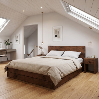 Brenton Walnut Colour Floor Bed Frame 20cm High  / Chunky Solid Rustic Pine Bed with Headboard