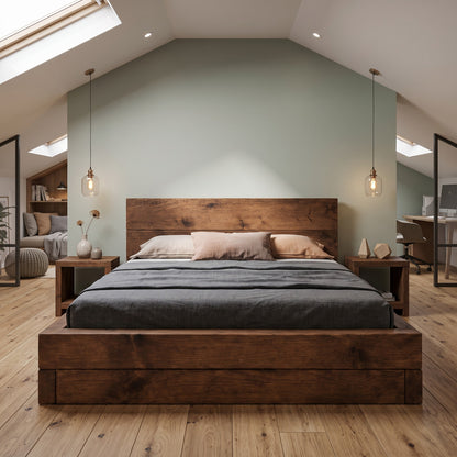 Brenton Walnut Colour Floor Bed Frame 20cm High  / Chunky Solid Rustic Pine Bed with Headboard